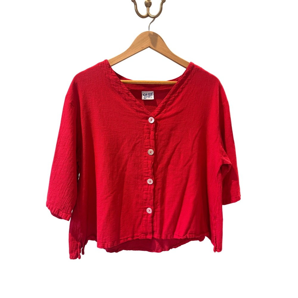 Oh My Gauze Red 100% Cotton Button Down V-Neck 3/4 Sleeve Blouse Lagenlook L/XL